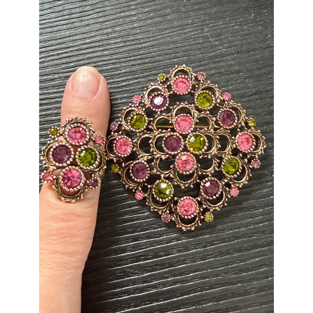 Vintage Florenza Pink Purple Green Rhinestone Brooch and Adj Ring Set Gold Tone